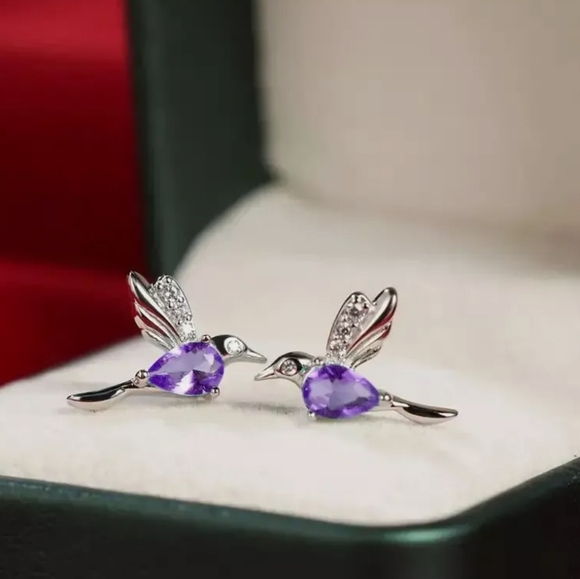 Purple Hummingbird Earrings Purple - Picture 4 of 4